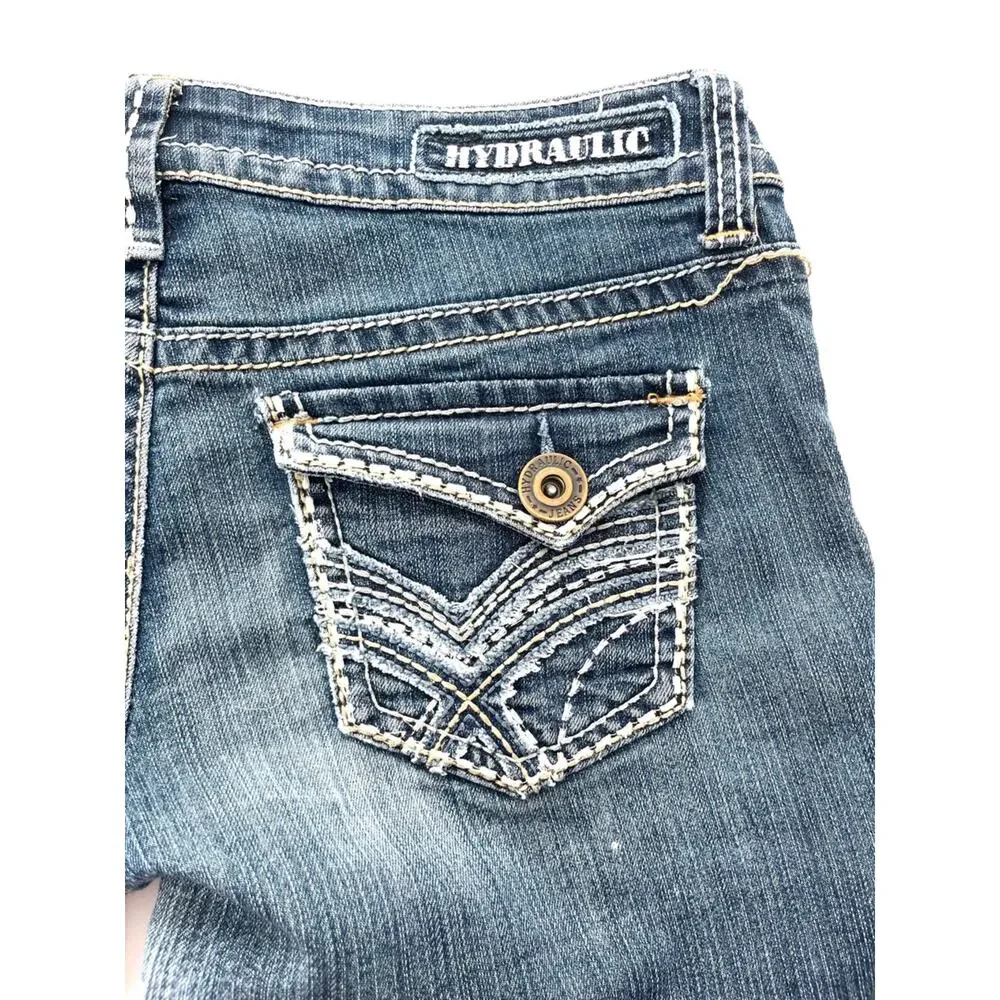 y2K Hydraulic Women's Jean Shorts Embellished Back Flap Pockets White Stitching
